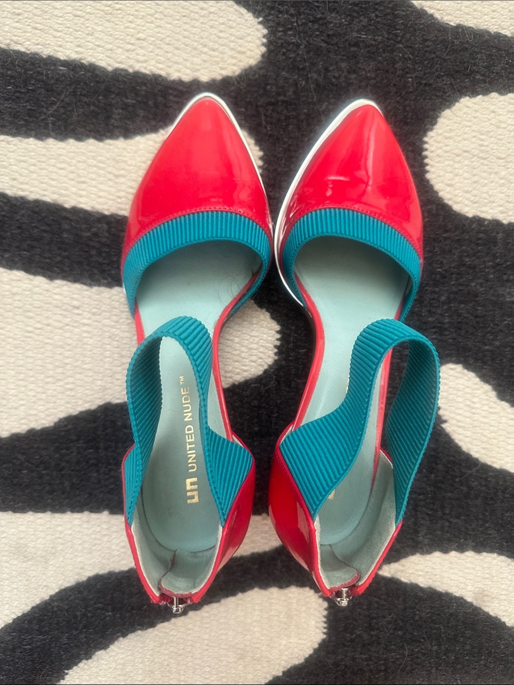 United Nude Red Patent Pointed-Toe Slingback with Teal Elastic